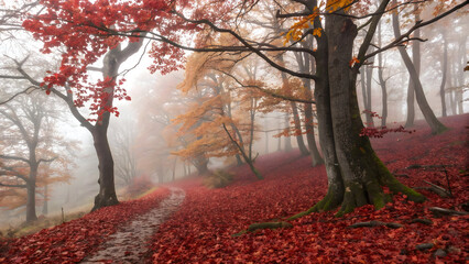 Misty autumn forest path covered in vibrant red leaves with bare trees full hd 4k stock image download