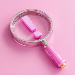 Pink exclamation point magnified by a pink magnifying glass on a pink surface