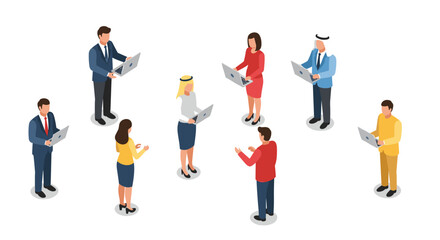 Obraz premium Diverse team collaboration with laptops in isometric style