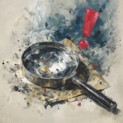 Antique magnifying glass on aged paper, with a red exclamation mark