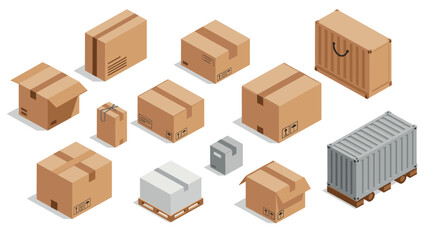 Fototapeta premium Isometric cardboard boxes and cargo containers for shipping and delivery