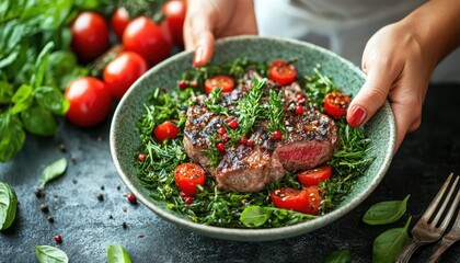 Hands hold a plate with grilled steak, greens and tomatoes. Great for food blog, menus, and healthy eating concepts.