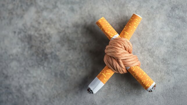 A creative depiction of two cigarettes intertwined with a rope, symbolizing struggle or addiction in a textured gray background.