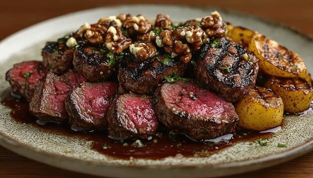 Perfectly cooked beef tenderloin plated with walnuts and golden potatoes. Use this food image for your cooking blog or restaurant menu.