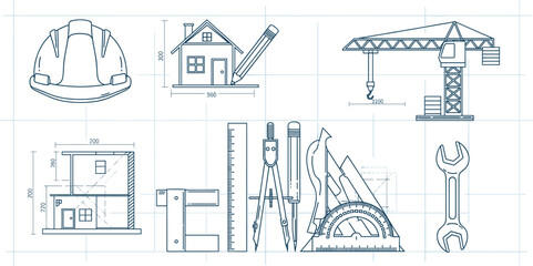 Technical illustration of engineering and architecture tools with dimensions, house plan, crane, caliper, compass, and construction equipment