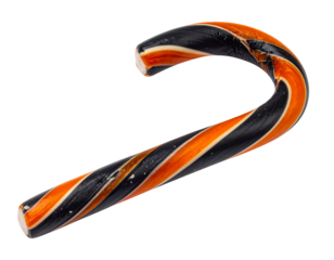 Candy cane in black and orange colors, isolated PNG