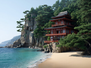 Japanese temple standing on cliff above tranquil beach