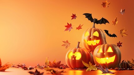 Halloween Scene: Stacked Pumpkins (Glowing Jack-o&rsquo;-lanterns), Autumn Leaves, Black Bat Silhouette, Warm Orange Gradient Background