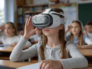 Student experiencing virtual reality in modern classroom