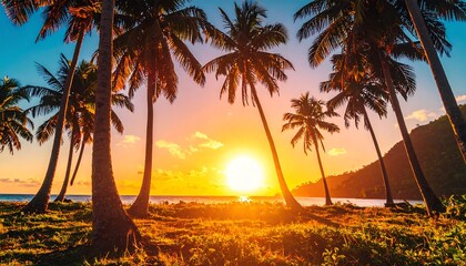 Tropical coastal vista featuring swaying palms silhouetted against a vibrant sunset, casting warm hues on the sand and sea