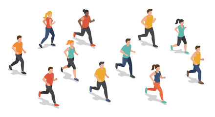 Diverse group of people jogging in isometric style on white background