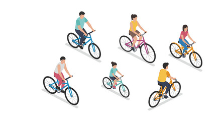 Obraz premium Diverse group of people riding bicycles in isometric style on white background