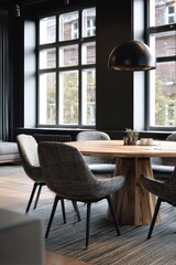 Fototapeta premium Chic Modern Dining Room - Round Wood Table, Grey Chairs, Large Black-Framed Windows, Dark Walls, Minimalist Interior Design.