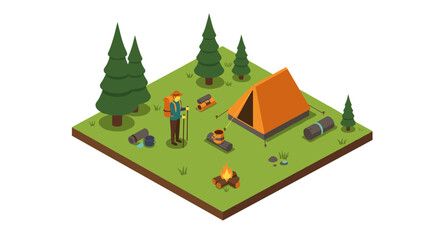 Isometric camping scene with tent and hiker in forest setting