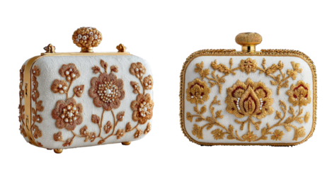 Embroidered clutch purses, gold and ivory isolated on transparent background