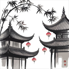 Tranquil Pagodas at Sunset Serene Bamboo Courtyard at Sunset