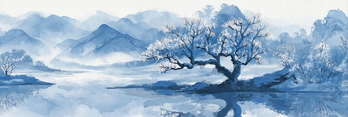 Misty blue landscape with blossoming tree