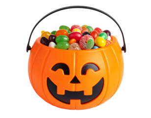 Halloween candy bucket shaped like pumpkin, filled with colorful candies, isolated PNG
