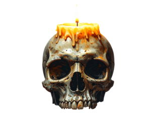Haunted spooky skull with candle on top, isolated PNG