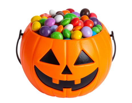 Halloween candy bucket shaped like pumpkin, filled with colorful candies, isolated PNG