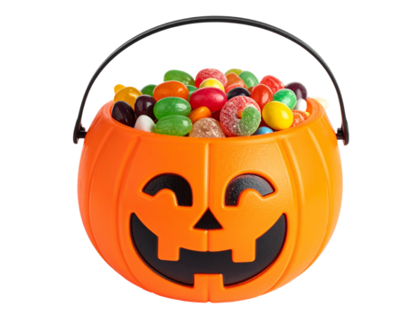 Halloween candy bucket shaped like pumpkin, filled with colorful candies, isolated PNG