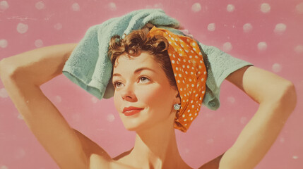 Playful woman colorful towel pink turquoise vintage french bath