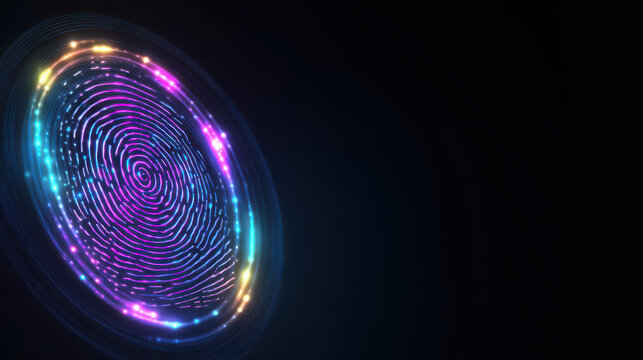 Glowing fingerprint hologram with neon lights on dark background