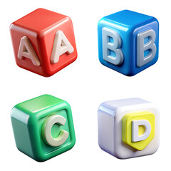 Flat 3D Childish Cube Letter Icon Set A B C D, Colorful Educational Blocks, Learning, Kids, Alphabet, Playful, Toy, Early Education, School, Fun, App, Illustration