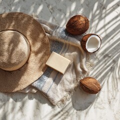 Light-filled still life of a straw hat, coconut, and soap on a cream-colored surface, with sun-dappled shadows