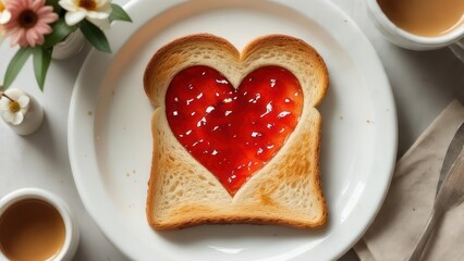 Heart-shaped jelly toast on a plate, perfect for breakfast, a romantic treat, or a Valentine's Day surprise with coffee