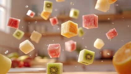 Colorful fruit cubes in mid-air, water droplets, kitchen setting