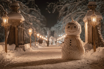 glowing snowman carved from enchanted ice standing before fairy tale castle golden torches lighting path unicorn grazing nearby concept of festive holiday photography unusual fantasy location and magi
