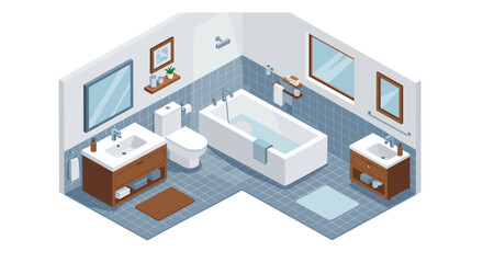 Fototapeta premium Modern isometric bathroom design with tub, sink, and mirror