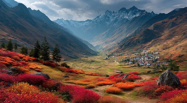 Himalayan valley landscape photography with red sorghum fields, captured on Nikon D850, majestic mountain scenery, agricultural ecology, ideal for travel promotions, geographic education, and wallpape