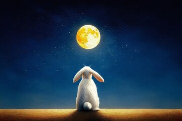 満月を見つめる白ウサギの後ろ姿