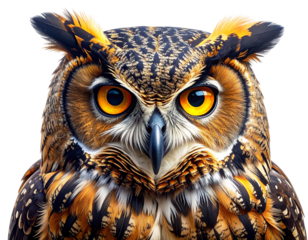 Owl with glowing yellow eyes, isolated PNG