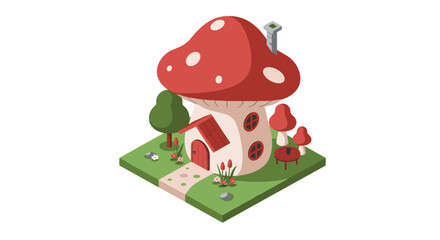 Whimsical fairy tale mushroom house with red roof in isometric style