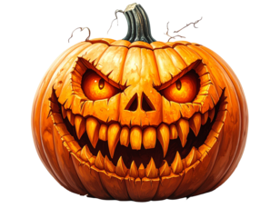 Pumpkin carved with scary jagged teeth face, isolated PNG
