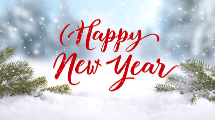 Merry Christmas and Happy New Year greeting card with beautiful winter landscape. Festive holiday and winter concept.
