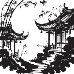 Tranquil Pagodas at Sunset Serene Bamboo Courtyard at Sunset