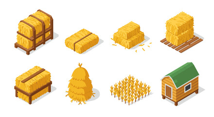 Isometric hay bales and farm elements collection for agricultural design