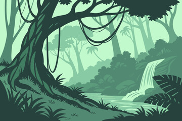 Fototapeta premium Enchanting jungle scene with lush greenery and a serene waterfall, perfect for nature lovers and peaceful backgrounds, originally a scalable vector graphic