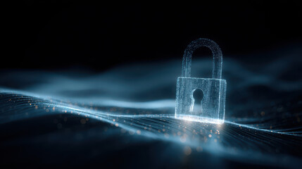 Cyber glowing padlock hologram above digital waves