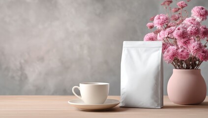 A white coffee cup and saucer, with two blank white pouches, sit on a light wood table in front of a gray textured wall. Dried pink flowers in a light pink vase are in the background