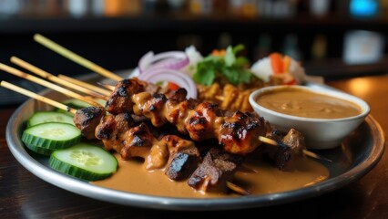 Delicious chicken and beef satay skewers with rich peanut sauce, fresh cucumbers, and rice served on a metallic plate in a cozy restaurant