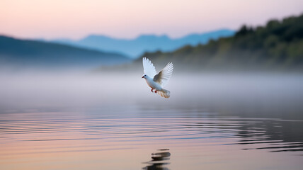 White bird flying over a misty lake at dawn with mountain backdrop