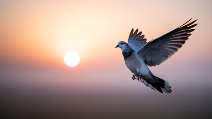 A pigeon in flight against a sunset sky with the sun glowing in the background
