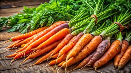 A fresh bunch of raw orange carrots on a wooden market stall