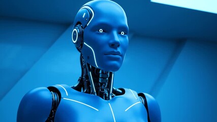 Futuristic blue robot bust against a minimalistic abstract background, showcasing advanced - Powered by Adobe