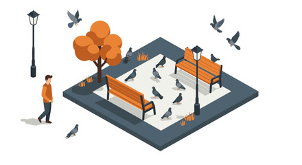 Autumn park scene with benches, trees, and pigeons in isometric style